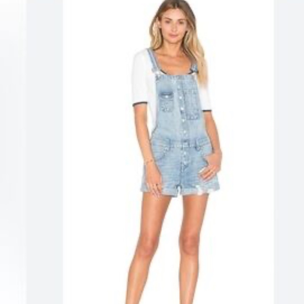Lovers + Friends Revolve Shane Short Overalls Snap Front 
Distressed Cuffed Flaw